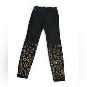 Melanie Lyne Black Skinny Jeans Rhinestone Leopard Print Sparkle Pants Glam